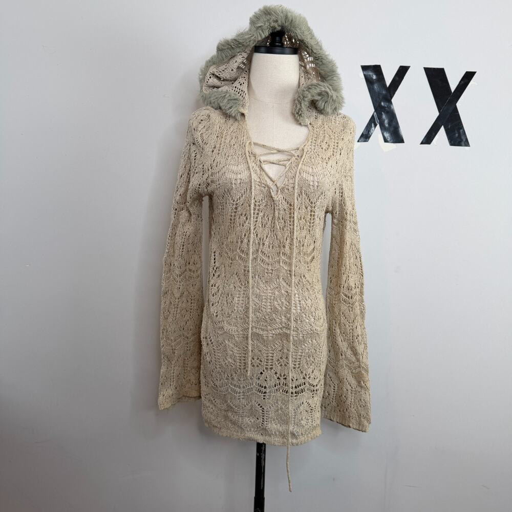 Y2K Cream Silk Cotton Crochet Knit Faux Fur Hooded Lace Up Bell Sleeve Tunic L